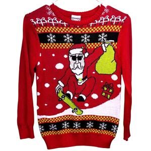 NWT Well Worn Holiday Sweater Skateboarding Santa Clause Red Christmas Sweater S